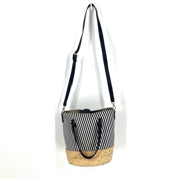 Talbots Navy Striped Canvas Corn Husk Straw Woven Bucket Bag Shoulder Purse - Picture 12 of 16